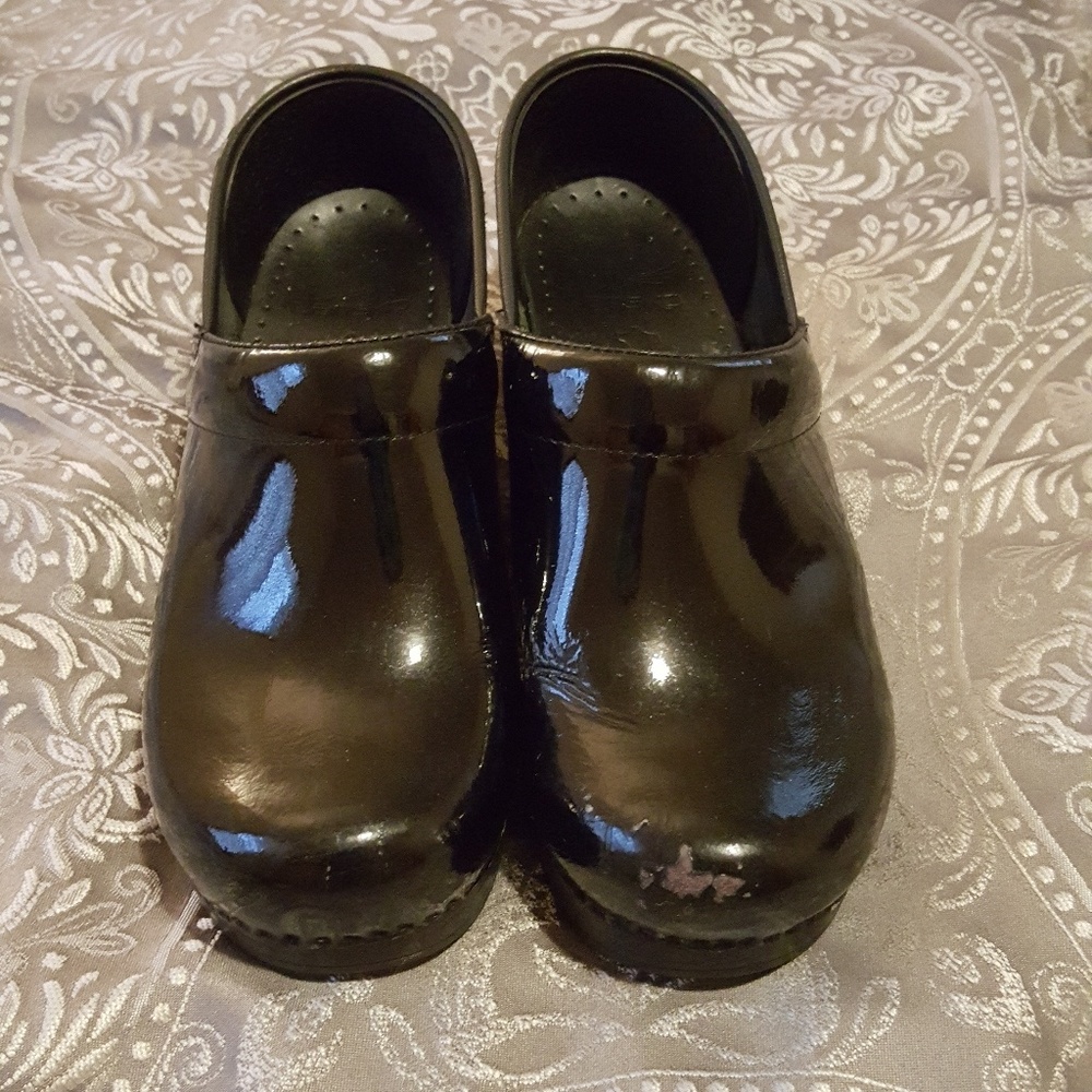 Black patent Dansko clogs, size 36